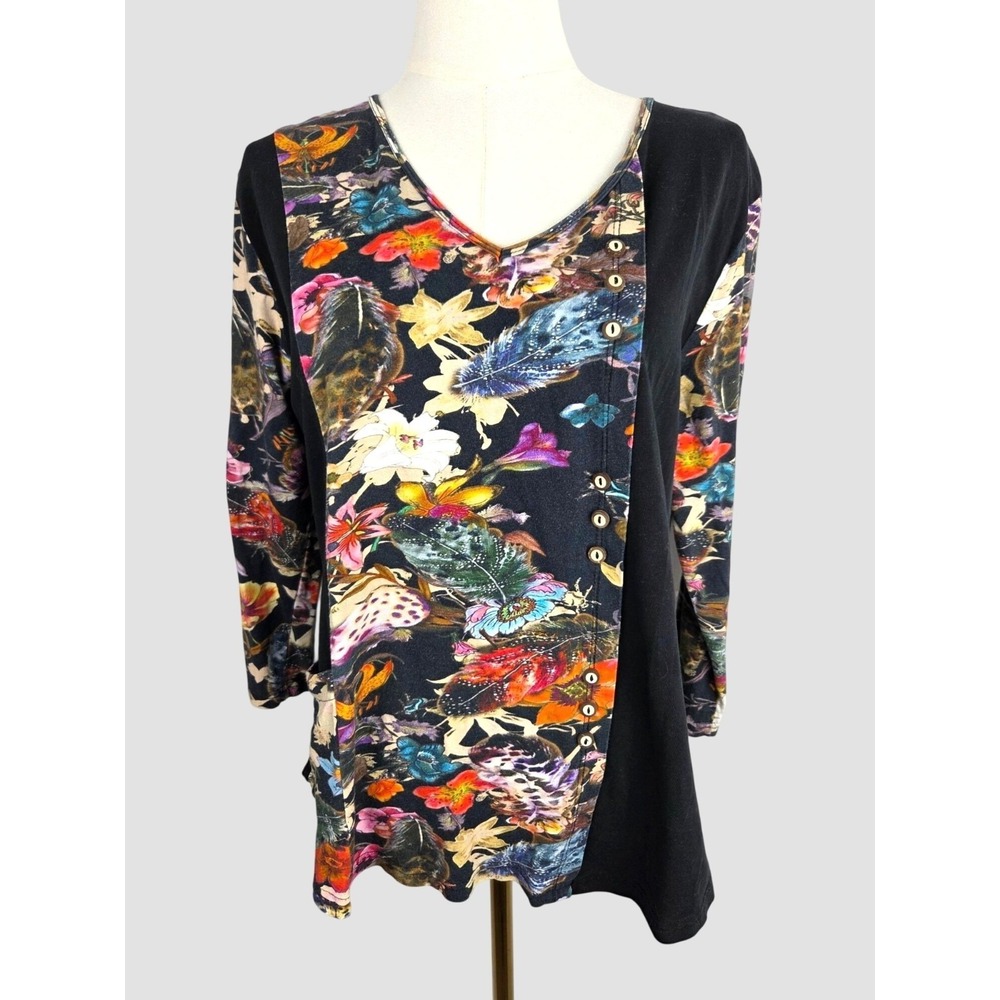 Parsley & Sage Knit Floral Tunic Top Petite Large VNeck Asymmetric Button Accent